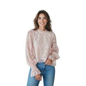 FREE PEOPLE‎ Olivia Lace Top Size XS Pink Dolman Balloon Poet Sleeve